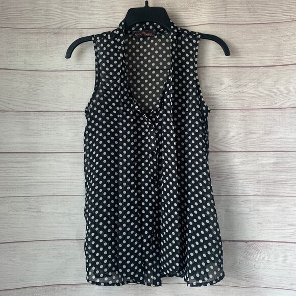Almost Famous Black with White Polka Dot Sheer Sleeveless Blouse Tie Neck Size S - Picture 10 of 11